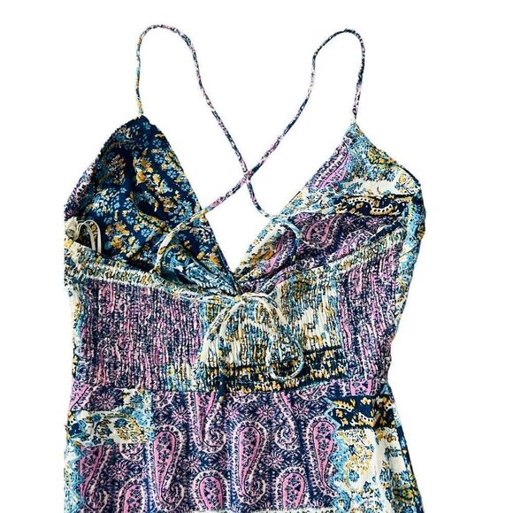 Zara Women Midi Dress S Multicolor Paisley Smocked Linen blend Slit NWOT - Picture 6 of 11